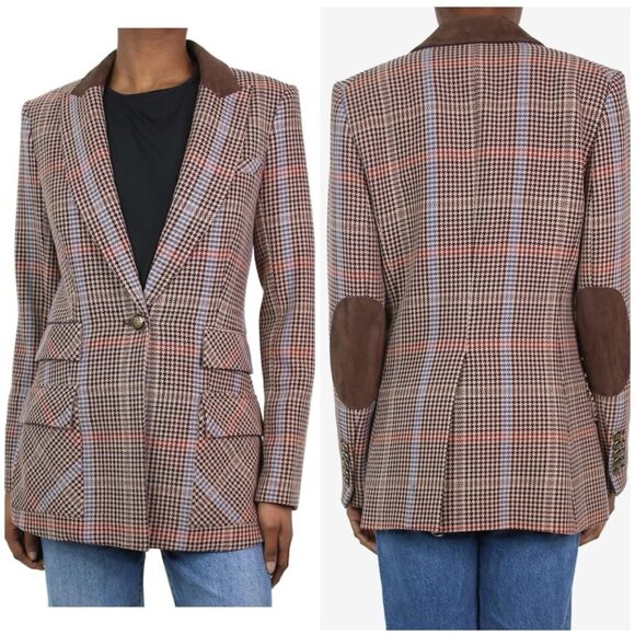 Veronica Beard Jackets & Blazers - Veronica Beard Women's Destry Suede Trimmed Houndstooth Tweed Blazer Brown 6